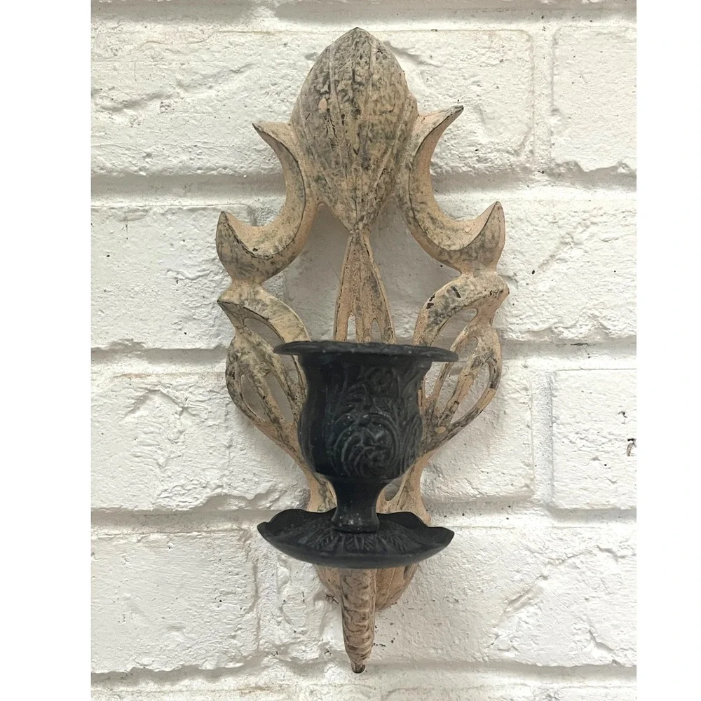 Vintage Shabby Chic Cast Iron Sconces Pair French Country Wall‎ Candle Holders